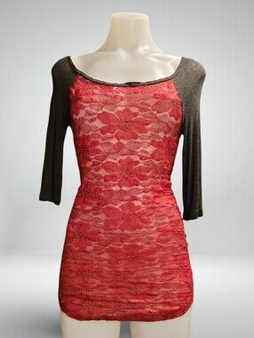 ❥BKE Red Black Lace Floral 3/4 Sleeve Scoop Neck Top XS Women's Pullover❥So Cute